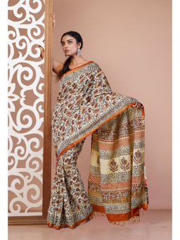 Unnati Silks - Cream Pure Bagru Printed Pashmina Sico Saree with Unstitched Blouse