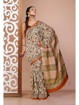 Unnati Silks - Cream Pure Bagru Printed Pashmina Sico Saree with Unstitched Blouse