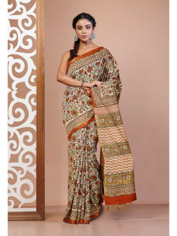 Unnati Silks - Cream Pure Bagru Printed Pashmina Sico Saree with Unstitched Blouse