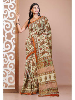 Unnati Silks - Cream Pure Bagru Printed Pashmina Sico Saree with Unstitched Blouse