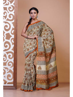 Unnati Silks - Cream Pure Bagru Printed Pashmina Sico Saree with Unstitched Blouse