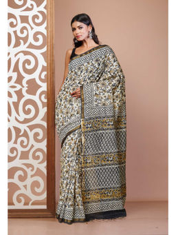 Unnati Silks - Cream Pure Bagru Printed Pashmina Sico Saree with Unstitched Blouse