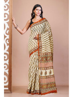 Unnati Silks - Cream Pure Bagru Printed Pashmina Sico Saree with Unstitched Blouse
