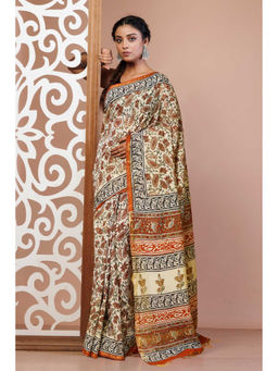 Unnati Silks - Cream Pure Bagru Printed Pashmina Sico Saree with Unstitched Blouse