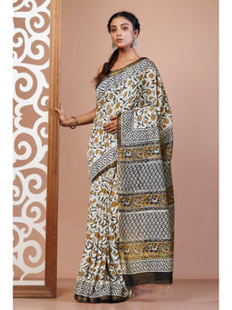 Unnati Silks - Cream Pure Bagru Printed Pashmina Sico Saree with Unstitched Blouse