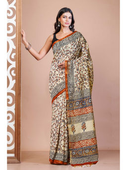 Unnati Silks - Cream Pure Bagru Printed Pashmina Sico Saree with Unstitched Blouse