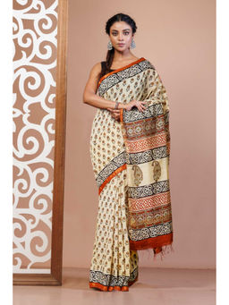Unnati Silks - Cream Pure Bagru Printed Pashmina Sico Saree with Unstitched Blouse