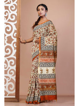 Unnati Silks - Cream Pure Bagru Printed Pashmina Sico Saree with Unstitched Blouse