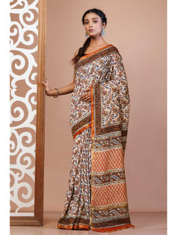 Unnati Silks - Cream Pure Bagru Printed Pashmina Sico Saree with Unstitched Blouse