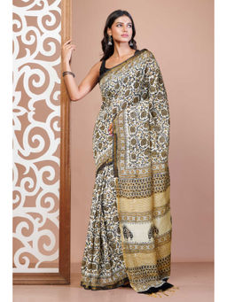 Unnati Silks - Cream Pure Bagru Printed Pashmina Sico Saree with Unstitched Blouse