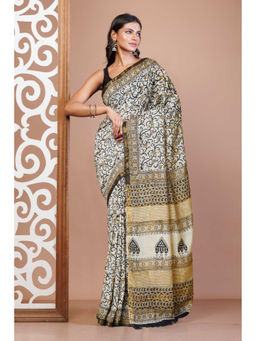 Unnati Silks - Cream Pure Bagru Printed Pashmina Sico Saree with Unstitched Blouse