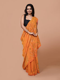 LAA CALCUTTA - Women Mustard Embroidered Saree with Unstitched Blouse