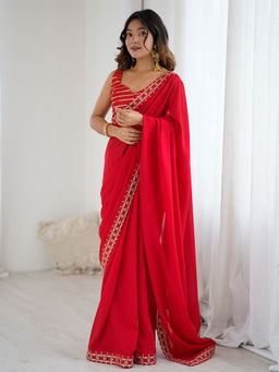 Sareemall - Women Silk Blend Embellished Red Saree with Unstitched Blouse