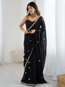Sareemall - Women Georgette Embellished Black Saree with Unstitched Blouse