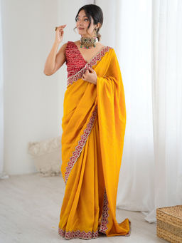 Sareemall - Women Silk Blend Embellished Yellow Saree with Unstitched Blouse