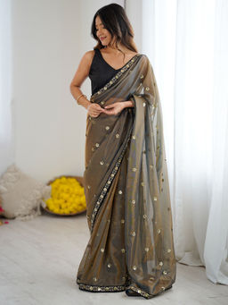 Sareemall - Women Net Embellished Olive Saree with Unstitched Blouse