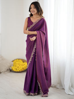 Sareemall - Women Silk Embellished Purple Saree with Unstitched Blouse