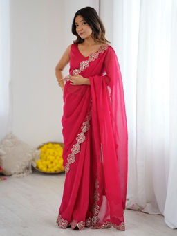 Sareemall - Women Chiffon Embellished Pink Saree with Unstitched Blouse