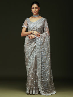 Sareemall - Women Organza Embroidered Silver Saree with Unstitched Blouse