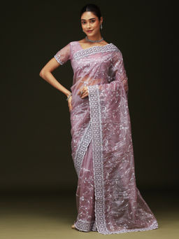 Sareemall - Women Organza Embroidered Purple Saree with Unstitched Blouse