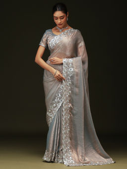 Sareemall - Women Chiffon Embellished Silver Saree with Unstitched Blouse