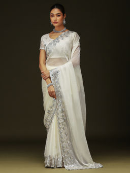 Sareemall - Women Chiffon Embellished Off White Saree with Unstitched Blouse