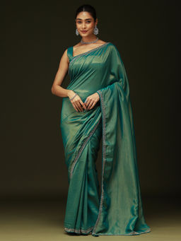 Sareemall - Women Satin Embellished Teal Saree with Unstitched Blouse