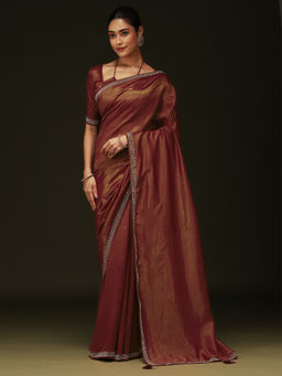 Sareemall - Women Satin Embellished Rust Saree with Unstitched Blouse