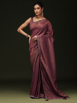Sareemall - Women Satin Embellished Purple Saree with Unstitched Blouse