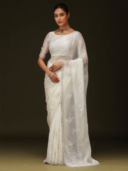 Sareemall - Women Chiffon Embellished White Saree with Unstitched Blouse