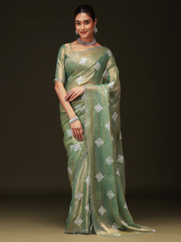 Sareemall - Women Chiffon Embellished Green Saree with Unstitched Blouse