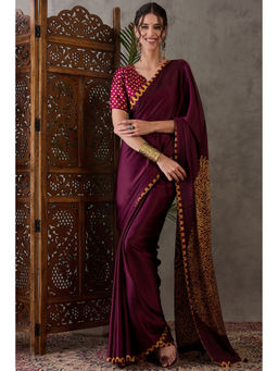 Mysilklove - Burgundy Maroon Printed Satin Gaji Silk Saree with Unstitched Blouse