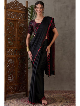 Mysilklove - Coal Black Printed Satin Gaji Silk Saree with Unstitched Blouse