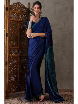Mysilklove - Venice Blue Printed Satin Gaji Silk Saree with Unstitched Blouse