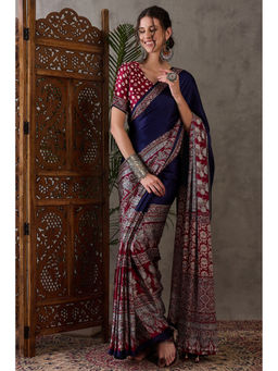 Mysilklove - Navy Blue Ajrakh Ethic Print Satin Gaji Silk Saree with Unstitched Blouse