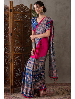 Mysilklove - Magenta Pink Ajrakh Ethic Print Satin Gaji Silk Saree with Unstitched Blouse