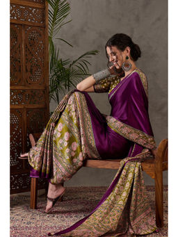 Mysilklove - Berry Purple Ajrakh Ethic Print Satin Gaji Silk Saree with Unstitched Blouse