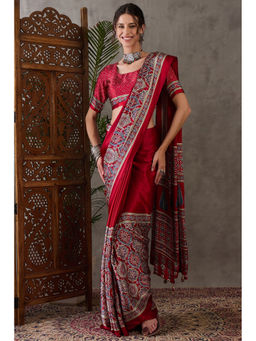 Mysilklove - Moca Maroon Ajrakh Ethic Print Satin Gaji Silk Saree with Unstitched Blouse