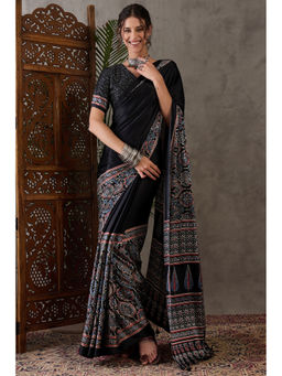 Mysilklove - Metal Black Ajrakh Ethic Print Satin Gaji Silk Saree with Unstitched Blouse