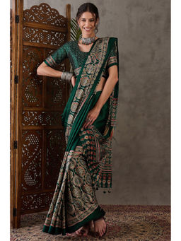 Mysilklove - Fern Green Ajrakh Ethic Print Satin Gaji Silk Saree with Unstitched Blouse