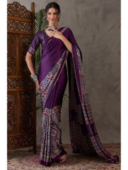 Mysilklove - Brinjal Purple Ajrakh Ethic Print Satin Gaji Silk Saree with Unstitched Blouse