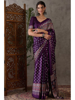 Mysilklove - Jamun Purple Ajrakh Ethic Print Satin Gaji Silk Saree with Unstitched Blouse