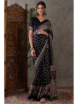 Mysilklove - Tuna Black Ajrakh Ethic Print Satin Gaji Silk Saree with Unstitched Blouse