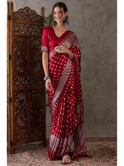 Mysilklove - Dark Rose Red Ajrakh Ethic Print Satin Gaji Silk Saree with Unstitched Blouse