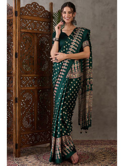 Mysilklove - Hunter Green Ajrakh Ethic Print Satin Gaji Silk Saree with Unstitched Blouse
