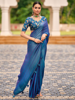 Sareemall - Women Silk Blend Embellished Blue Saree with Unstitched Blouse