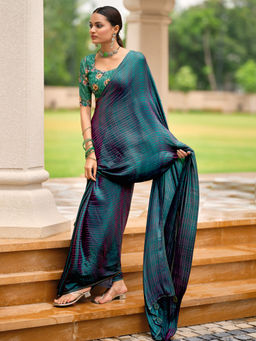 Sareemall - Women Silk Blend Embellished Teal Saree with Unstitched Blouse