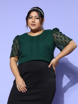 KASSUALLY - CURVE BY KASSUALLY Green Round Neck Front Pintuck Half Sleeve Top