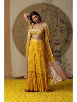 Arpita Sulakshana - Marigold Yellow Blouse Lehenga with Cape (Set of 3)