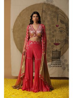 Arpita Sulakshana - Red Blouse Sharara with Cape (Set of 3)